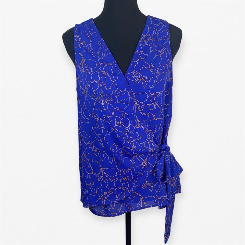Allison Joy Royal Blue & Gold floral Wrap side tie accent Top blouse M
